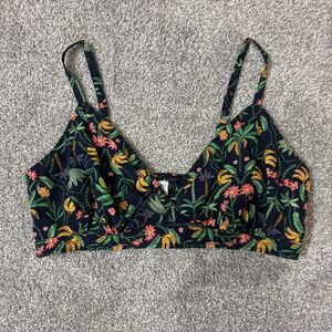 ONLY Crop Top Womens Large Banana Floral Print Smocked Back Tropical Vneck